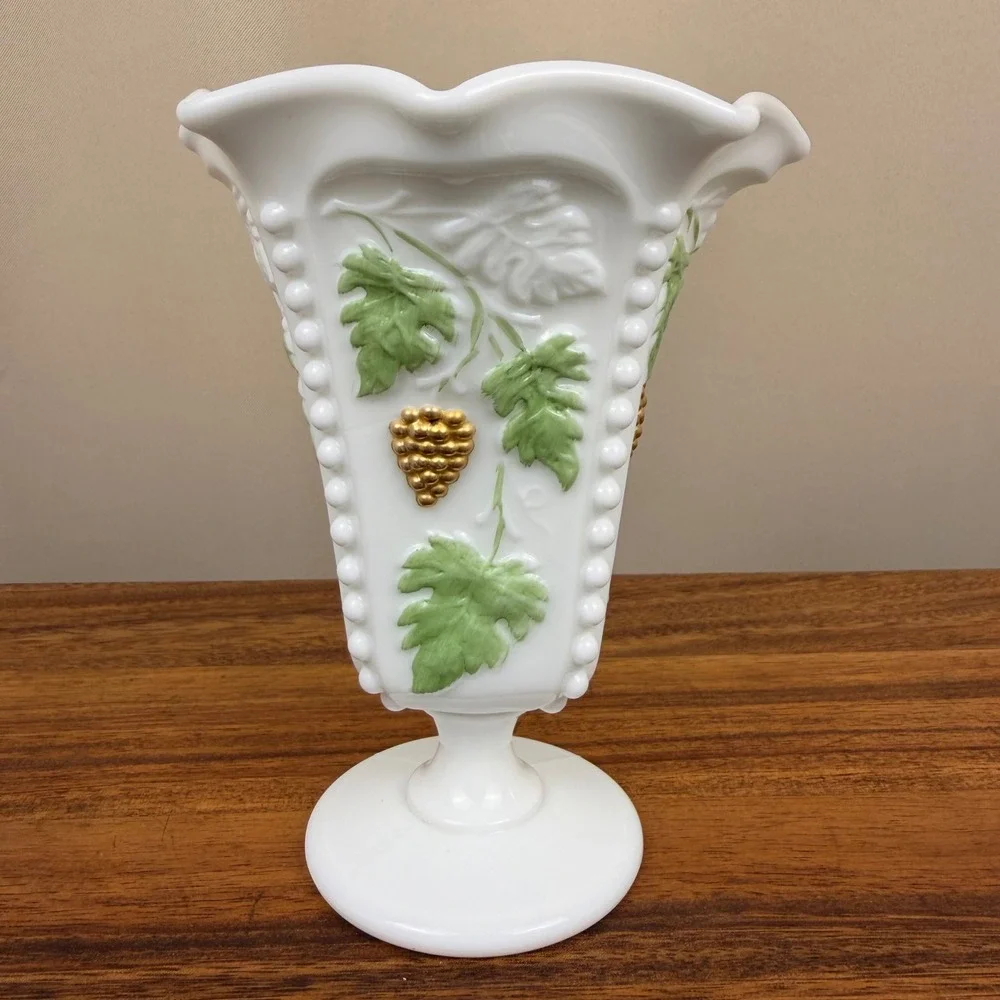 Westmoreland Milk Glass Paneled Grape Vase Hand Painted Green Gold Footed 6.25